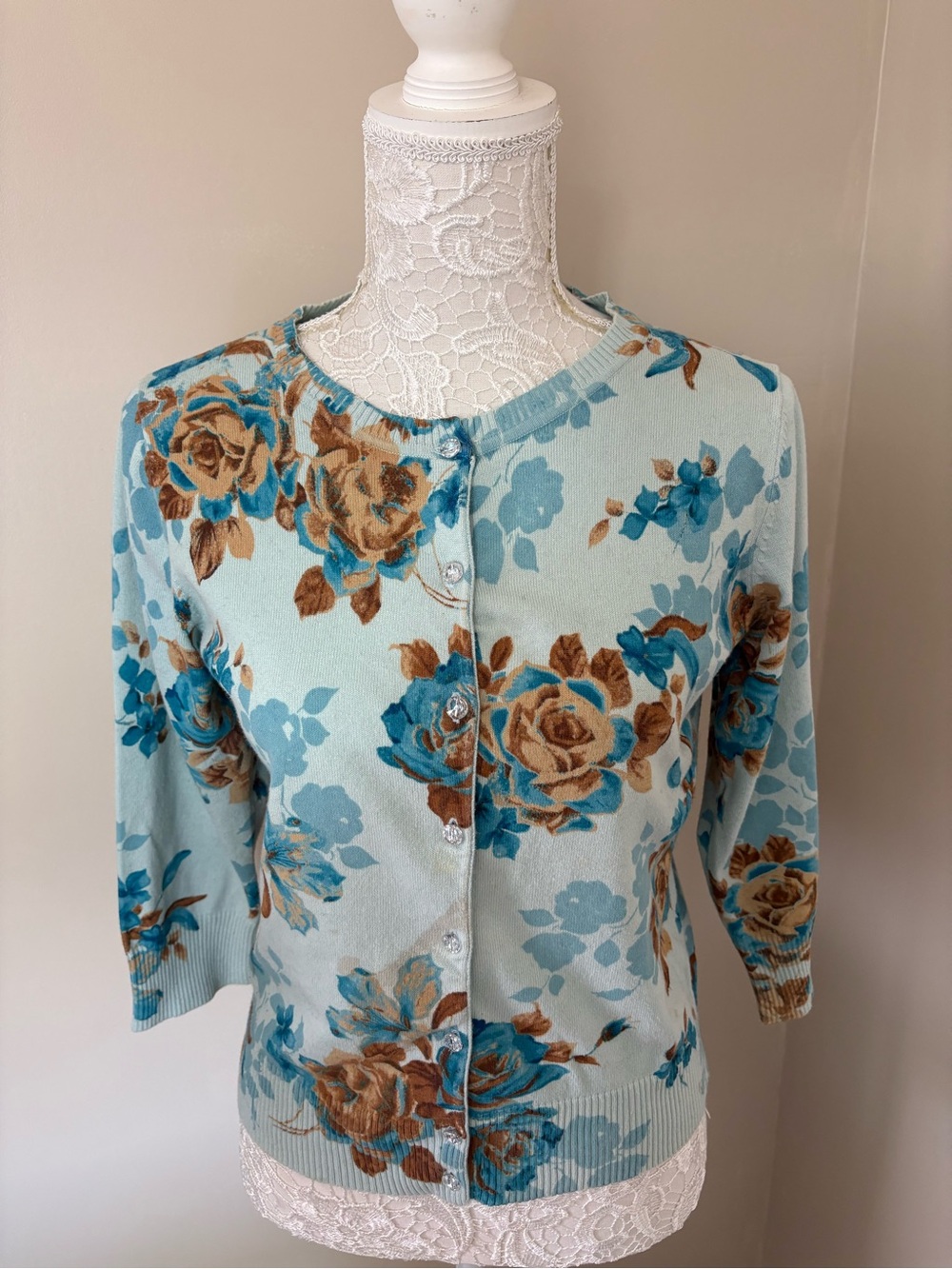 First Issue Liz Claiborne Floral Cardigan Sweater Aqua Blue Cotton Knit S
